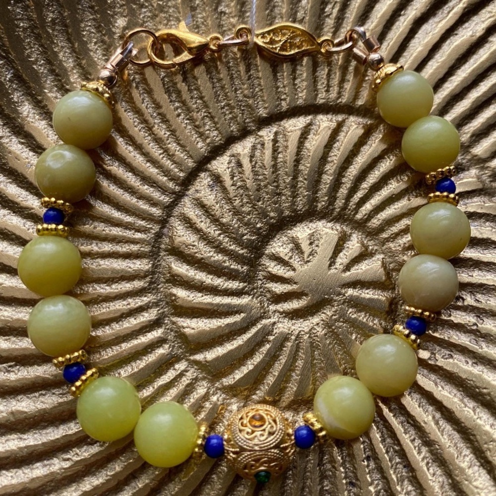 Handmade Elegant Lemon Jade, Lapis Bracelet with Vintage Spacers